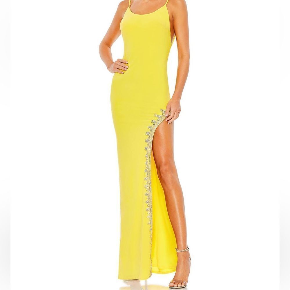 Mac Duggal Rhinestone Encrusted Side Slit Cami Bodycon Gown